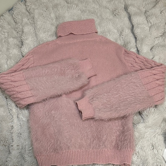 SHEIN Sweaters - SHEIN Pink Fuzzy Turtleneck Cable Sleeve Sweater